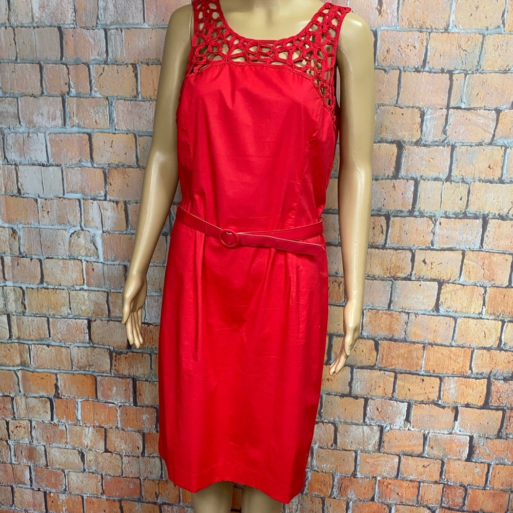 Julian Taylor Lattice Neckline Belted Dress